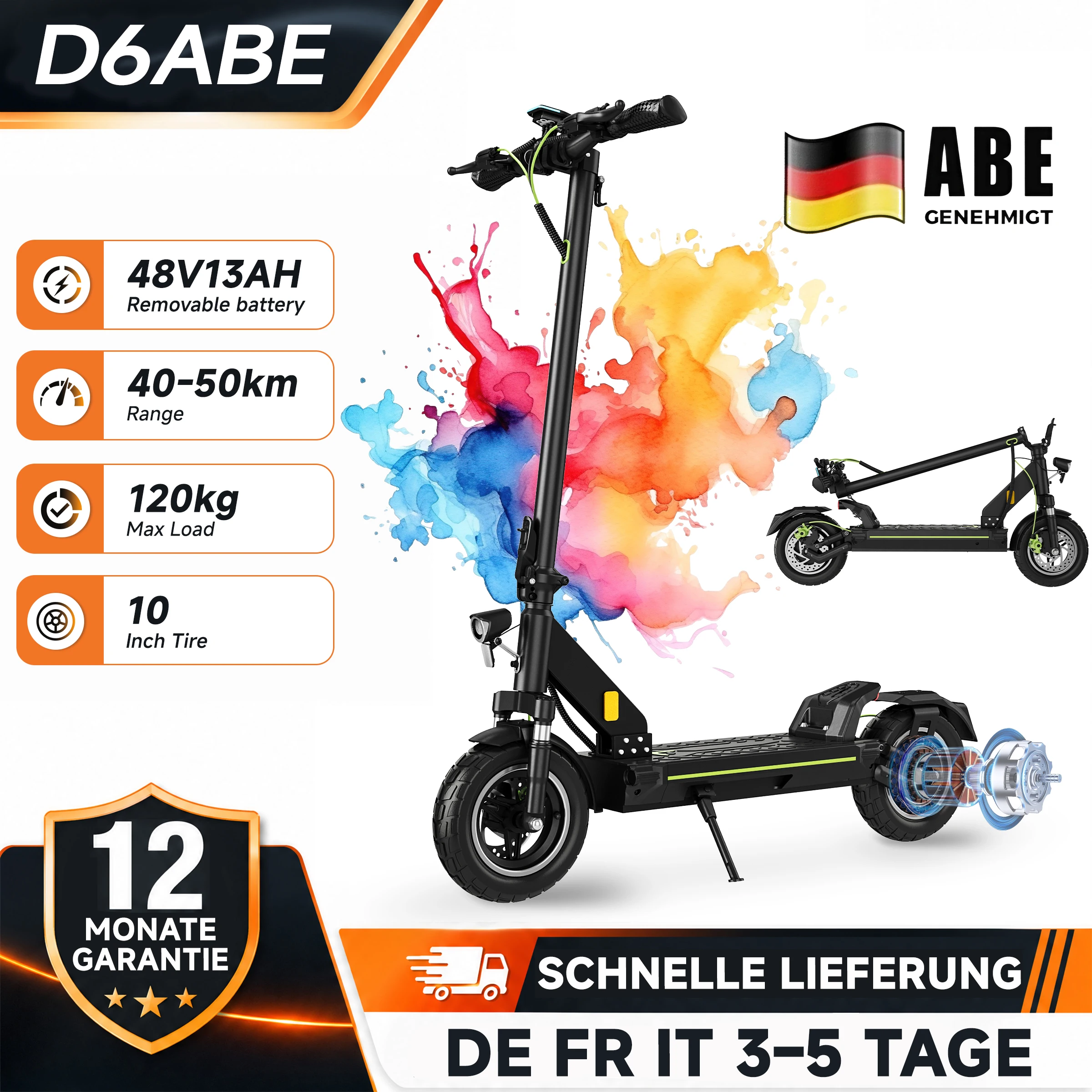 TODIMART D6ABE Pro Klappbarer Elektroroller, ABE genehmigt Elektro Scooter mit herausnehmbarem 48V Akku, 10 Zoll Reifen, 55–60km Reichweite, Vorder- und Hinterradfederung für den Stadtpendelverkehr E