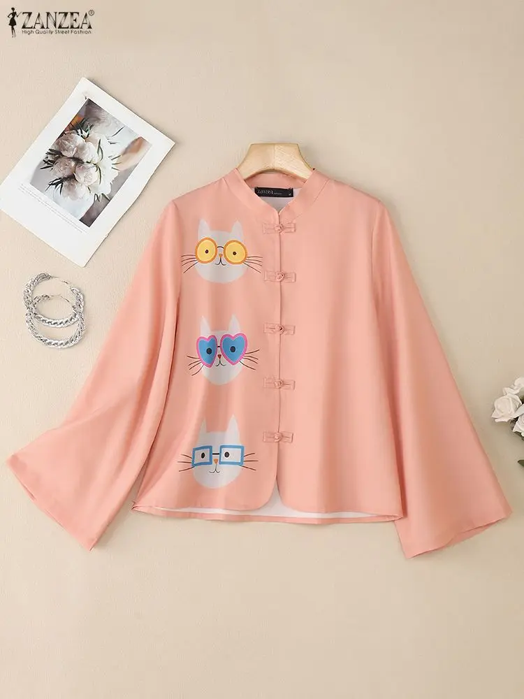 

ZANZEA, осень 20%, новые женские рубашки с принтом кошек из мультфильмов, воротник-стойка, длинный рукав-колокольчик, топы с лягушкой на пуговицах, китайский стиль, S-3XL