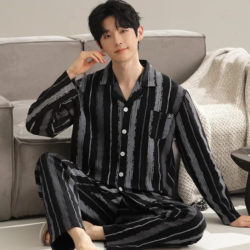 Men\'s Sleepwear Pure Cotton Long Sleeved Oversized Outerwear Sports Cardigan Loungewear Sets Winter Warm Pajamas Sets for Men