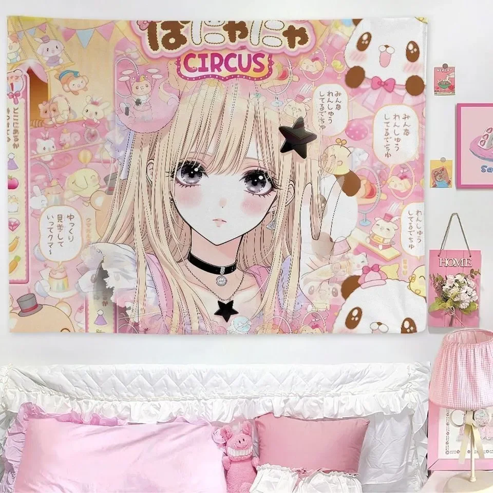 VIKAMA Kawaii Pink Anime Girl Tapestry Blonde Hair with Heart Print Wall Hanging for Y2K Aesthetic Bedroom Decor W260811
