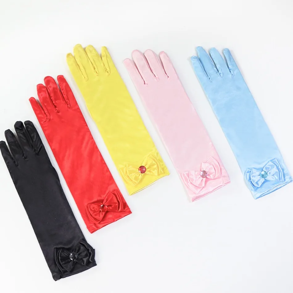Kids Satin Long Gloves Girls Bow Rhinestone Gloves Princess Dress Accessory For Birthday Party Cos Stage Performance Masquerade