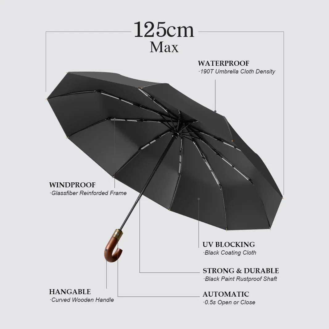 30 Bones Windproof Strong Reinforced Automatic Folding Umbrella for Men Curved Wooden Handle Luxury Umbrella Water Resistant