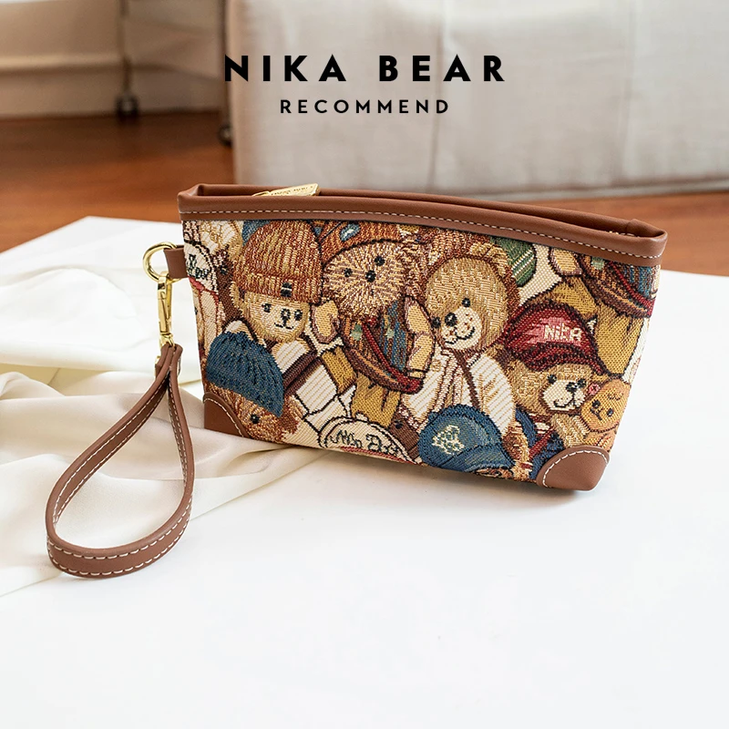 New women's handbag canvas bag embroidered with teddy bear pattern Clutch Mobile bag wallet with large capacity