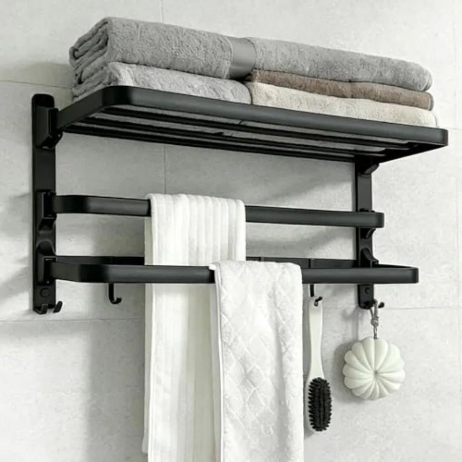

24in Towel Racks Shelf for Bathroom Foldable Wall Mounted Towel Storage with 2 Towel Bar 9 Hook Modern Rustproof Towel Holder w