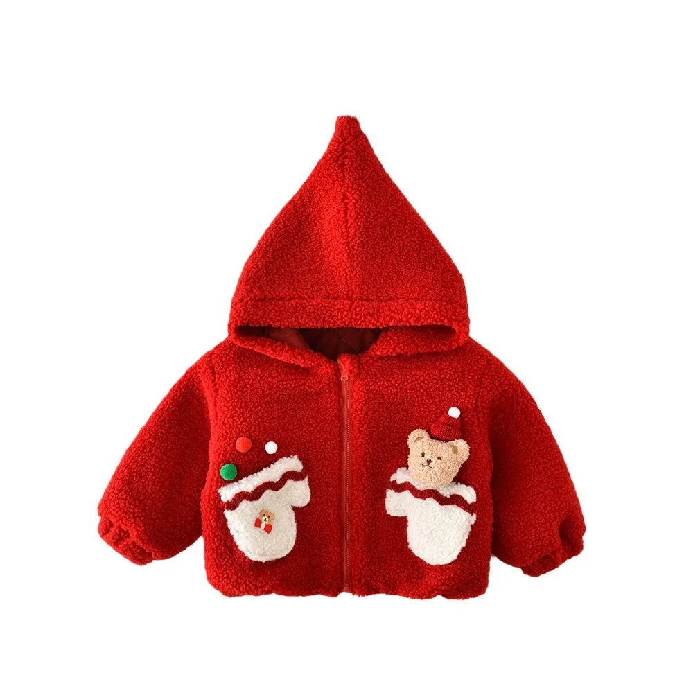 2024 Winter Christmas Baby Girls Jacket Hooded Cartoon Bear Hairy Warm Infant Girls Outerwears Coat Toddler Girls Parkas