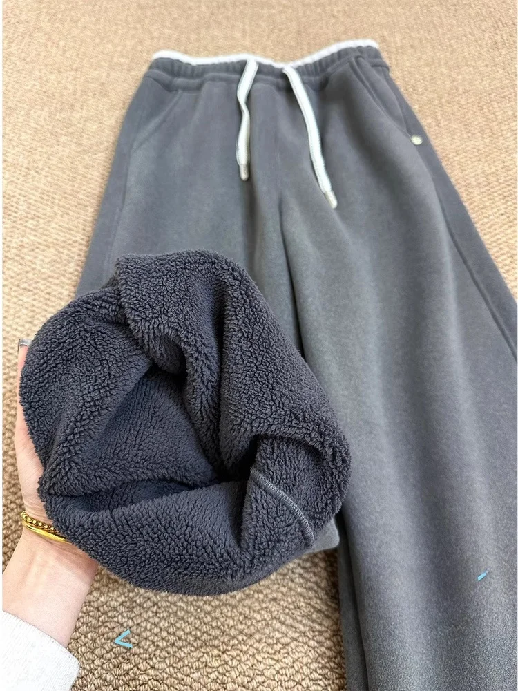 

High Waist Wide Leg Thiened Fce Women's Sweatpants Winter Loose Fit Windproof Warm Trousers Comfortable Casual Pants