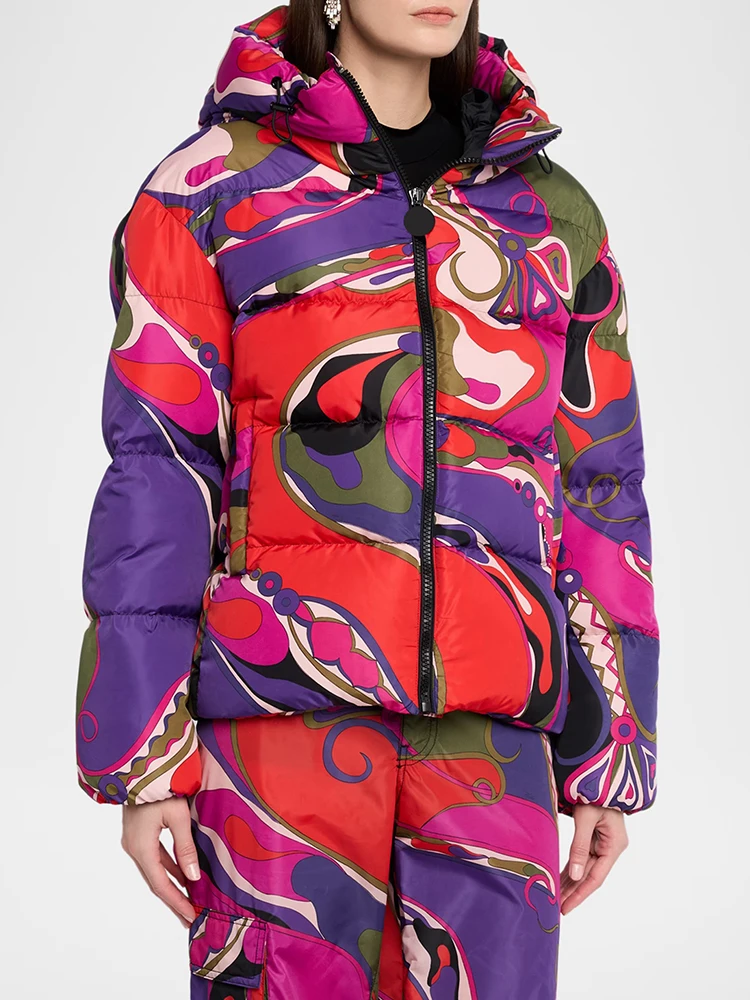 Winter Fashion Outdoors Geometric Pattern Print Warm Down Jacket Women's Hooded Long Sleeve Inner Pocket Zipper Pockets Jacket