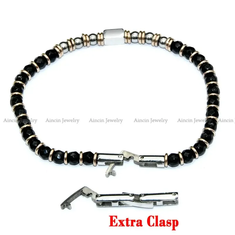 High Quality Black Faceted Agate Round Beads Stainless Steel Bracelet For Fashion Men\'s Jewelry