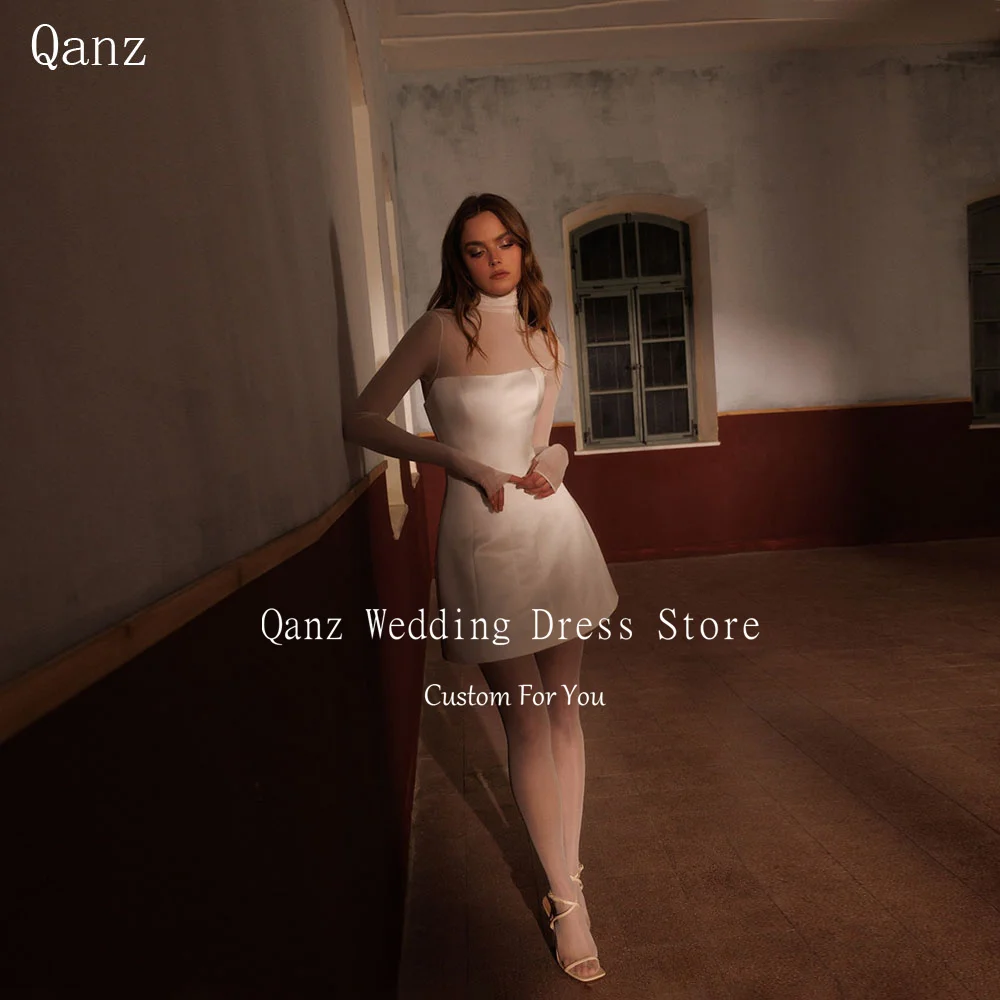 Vestido de Novia Corto de Dos Piezas Qanz Ivory, Satén Suave, Vestido de Novia Civil con Mangas Largas, Personalizado