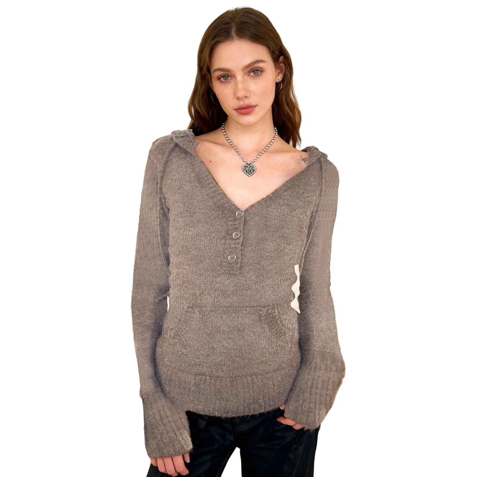 

Женский осенний вязаный свитер с капюшоном, однотонный трикотаж с длинными рукавами и одной карманной отделкой на пуговицах