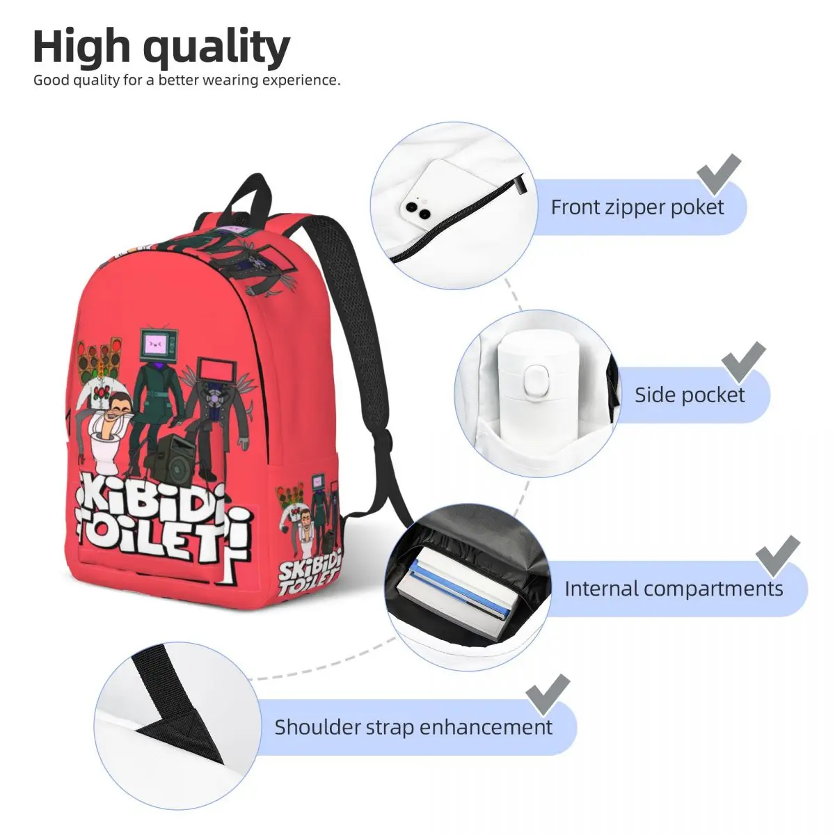 Skibidi-Middle High School Estudante Bookbag, Adolescentes Daypack, TV Speaker Mochila, Saco de Viagem, Escola, Homens