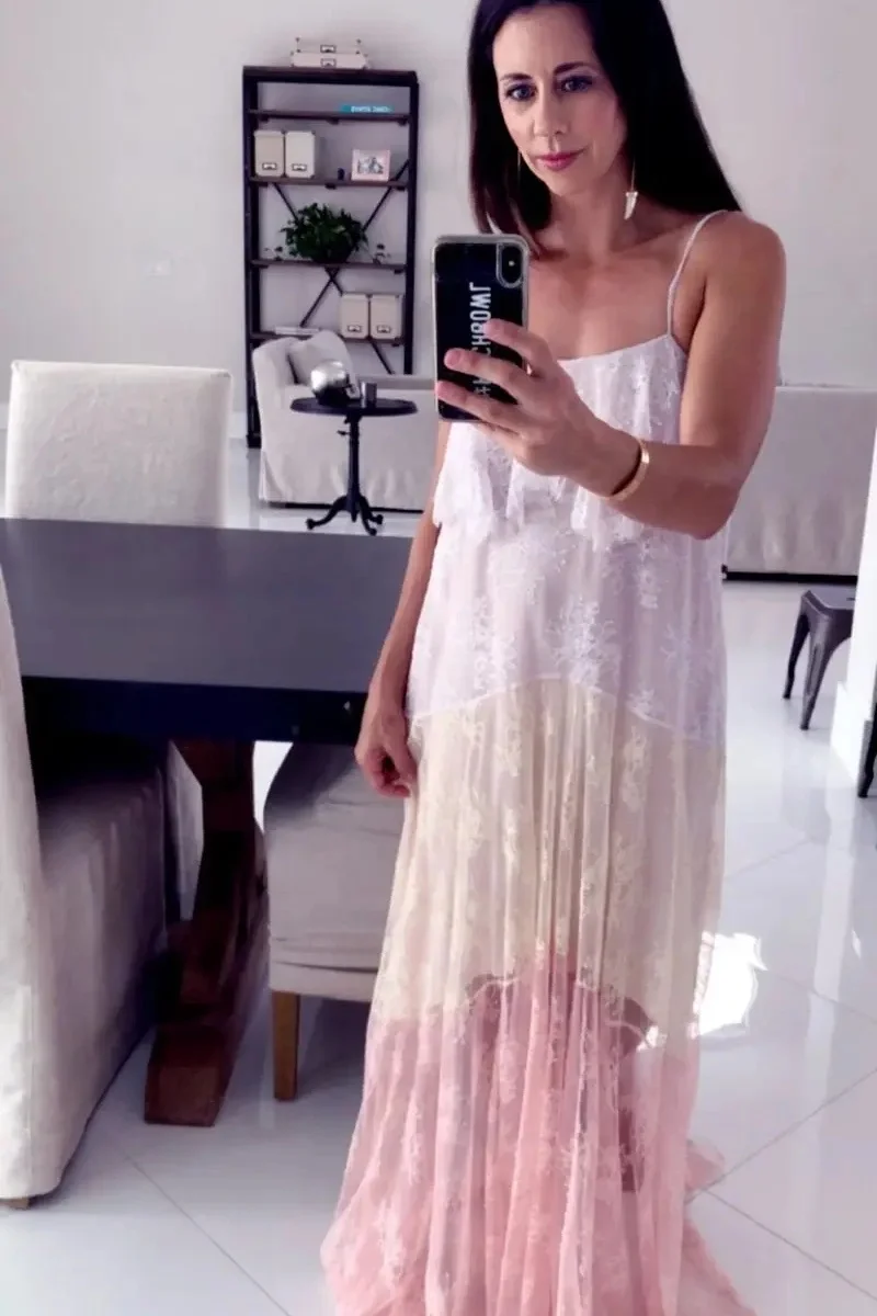 Vestido maxi sem mangas com apliques de renda de alta qualidade com camadas em camadas para mulheres vestido longo de férias