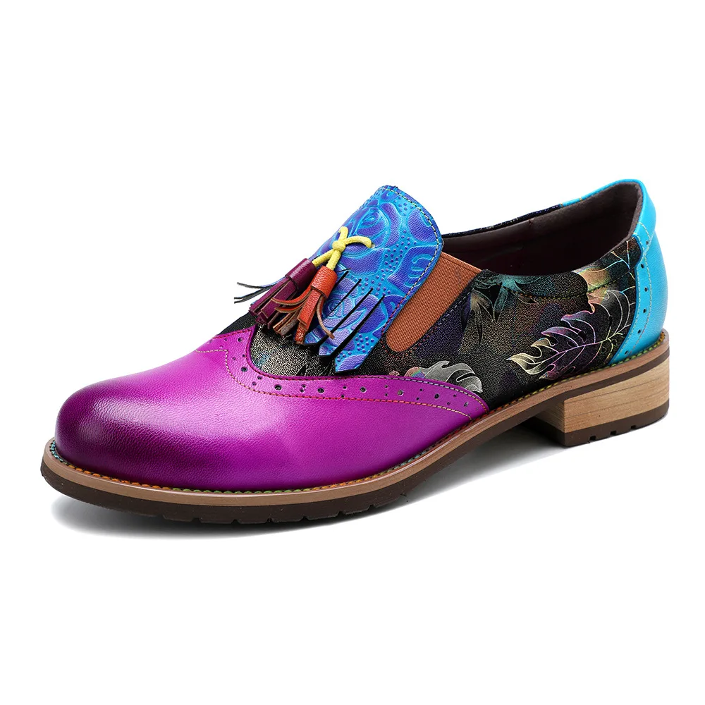 Socofy Raffan Retro estilo universitario brogue borla moda cuero zapatos de mujer zapatos planos