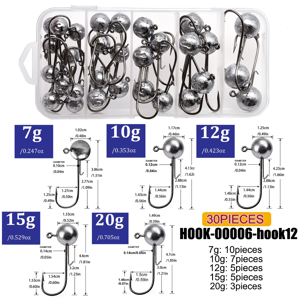 Mrlurion Box-Set 1g 2g 3g 5g 7g 10g 15g 17g 20g Jigkopf-Angelhaken-Kit für Barsch, Barsch und Forelle, Weichplastik-Soft-Worm-Haken – Detail 4