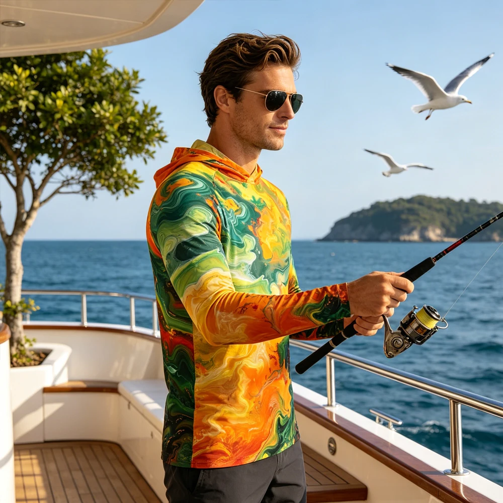 Men Hooded Fishing Shirt Long Sleeve UV Hoodie Anti-UV Fishing Hoodies Breathable Fishing Clothing Top Wear for Fishing Hiking