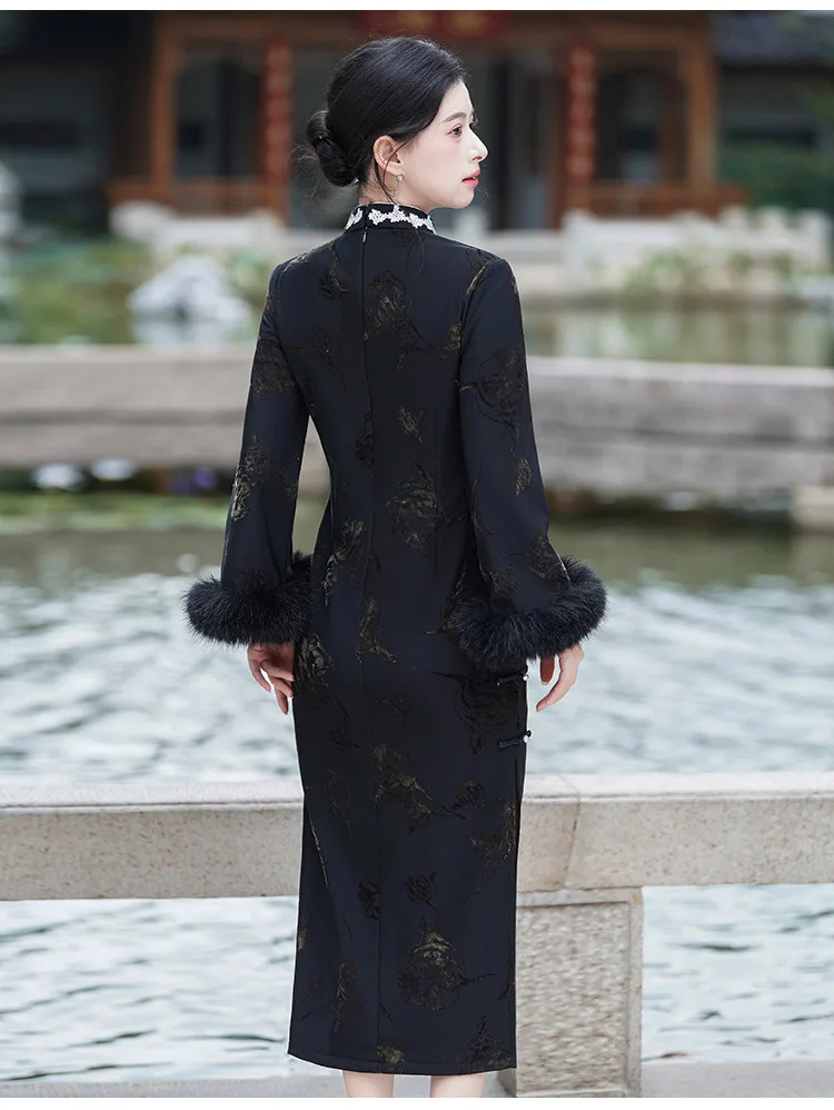 Preto grosso inverno estilo chinês manga longa cheongsam 2025 novo melhorado jovem feminino retro outono qipao vestido