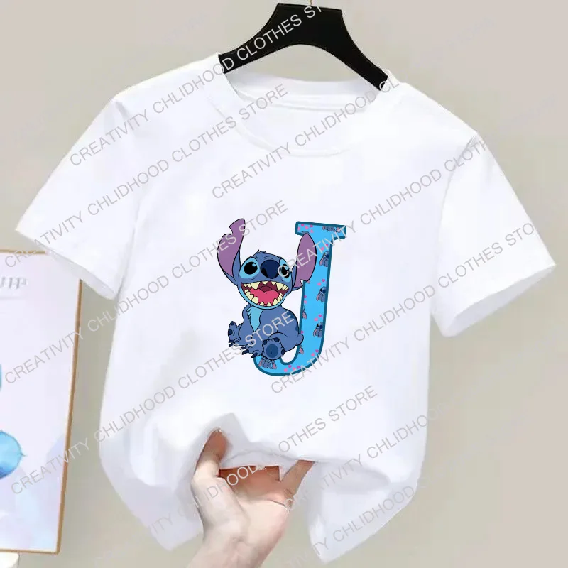 T-shirt Stitch Anime pour enfants, haut pour fille et garçon, vêtements décontractés, lettres A, B, C, D, nom BLOKawaii, dessins animés