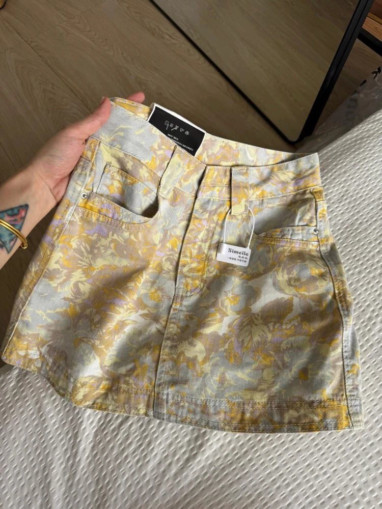 Women Mini Denim Skirt Vintage Korean Style Y2k Gyaru A-line Cowboy Skirt Harajuku Flower Print Wrap Skirts 2000s Clothes Summer