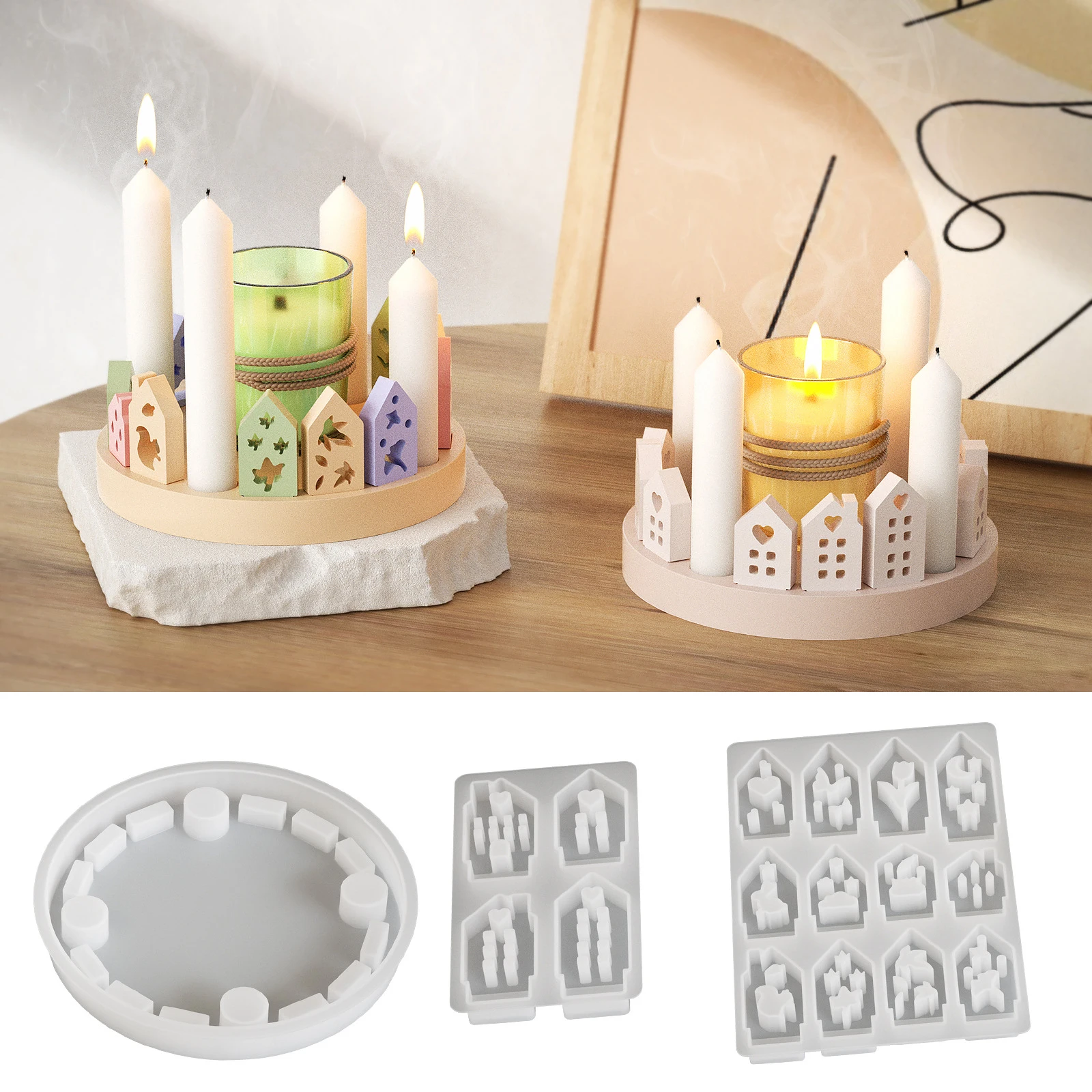 

House Candlestick Silicone Mold Set DIY Epoxy Resin Hollow House Insertion Candle Holder Mold Gypsum Cement Ornament Handmade