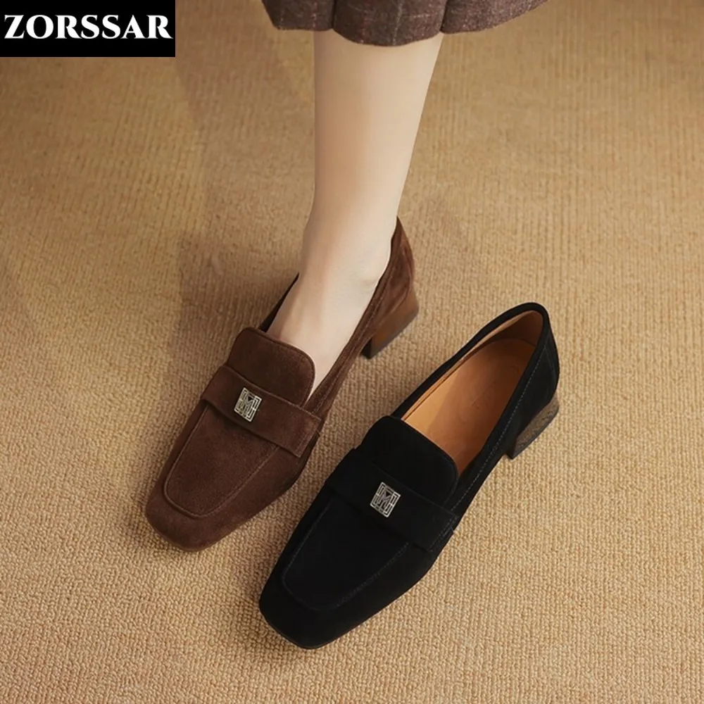 2024 New Women\'s Suede Loafers Brown Square Toe Flat Shoes For Women Genuine Leather Shallow Mouth Commuter Daily Casual Shoes