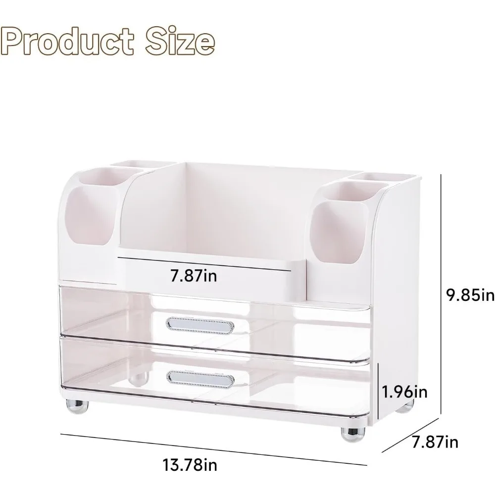 White Makeup Organizer with 2 Large Drawers, Brush Holders for Vanity Bathroom Countertop Office Desk Storage