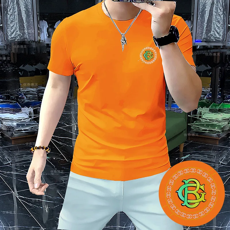 

New Men's Premium Silk Cotton T-Shirt Summer Fashion Letter Print Round Neck Short Sleeve Slim Fit Casual Luxury Tees Clothing