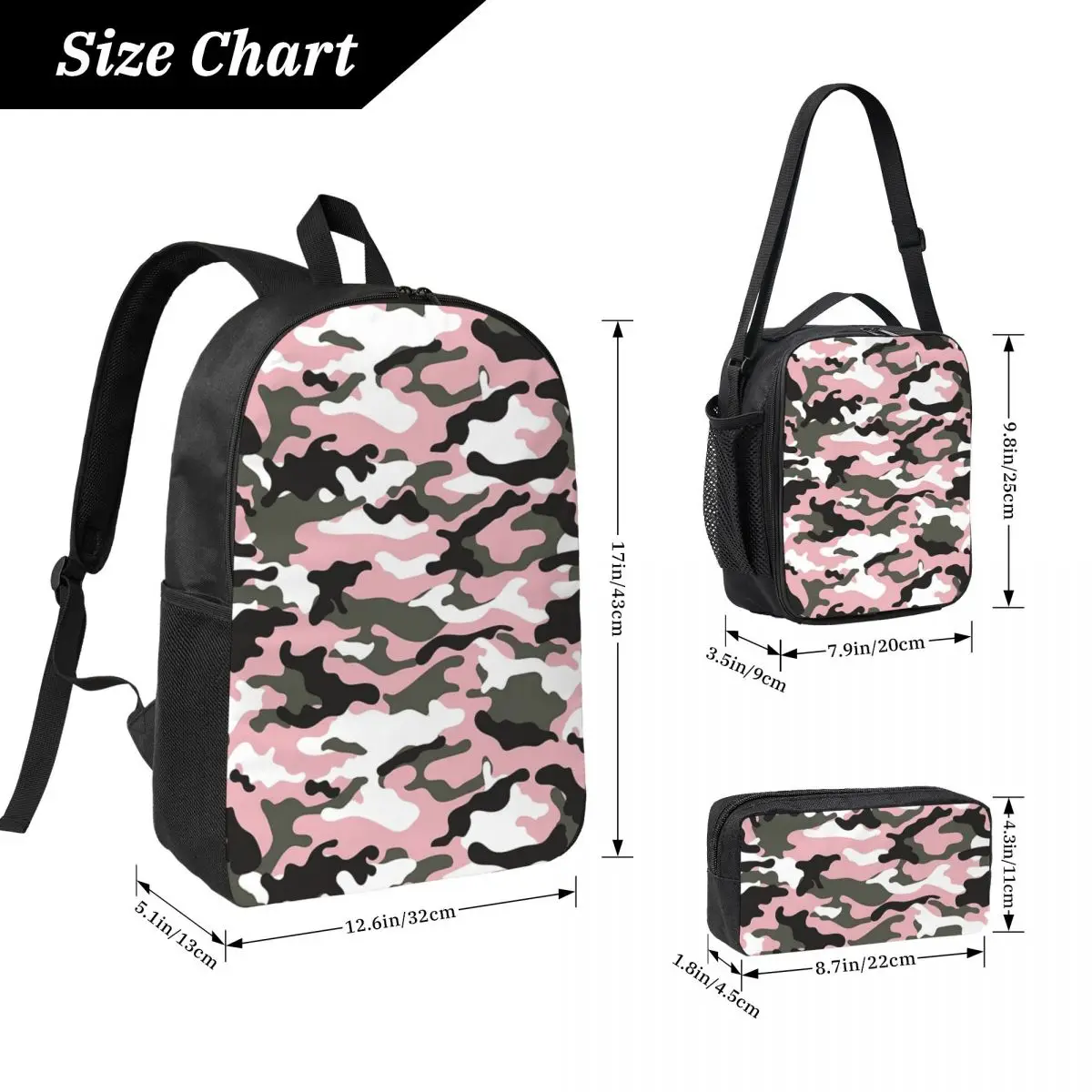 Pink Military Camo Pattern Girls Texture Squad Background Backpack BookBag School Bag 3ps Insulated Lunch Bag Pencil Case