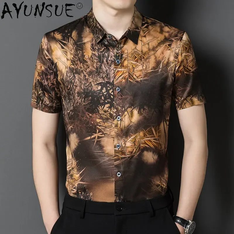 

92.5% Mulberry Real Silk Shirt Men's Short Sleeved Casual Loose Clothes for Men Thin Tops Male New Fashion Printed Shirt Blusas