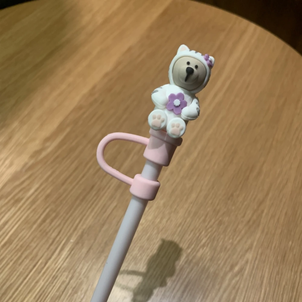 Cute Bear Straw Cover Pink Dust Cap Silicone Straw Toppers  Tumbler Cup Accessories For 7-8mm Straw