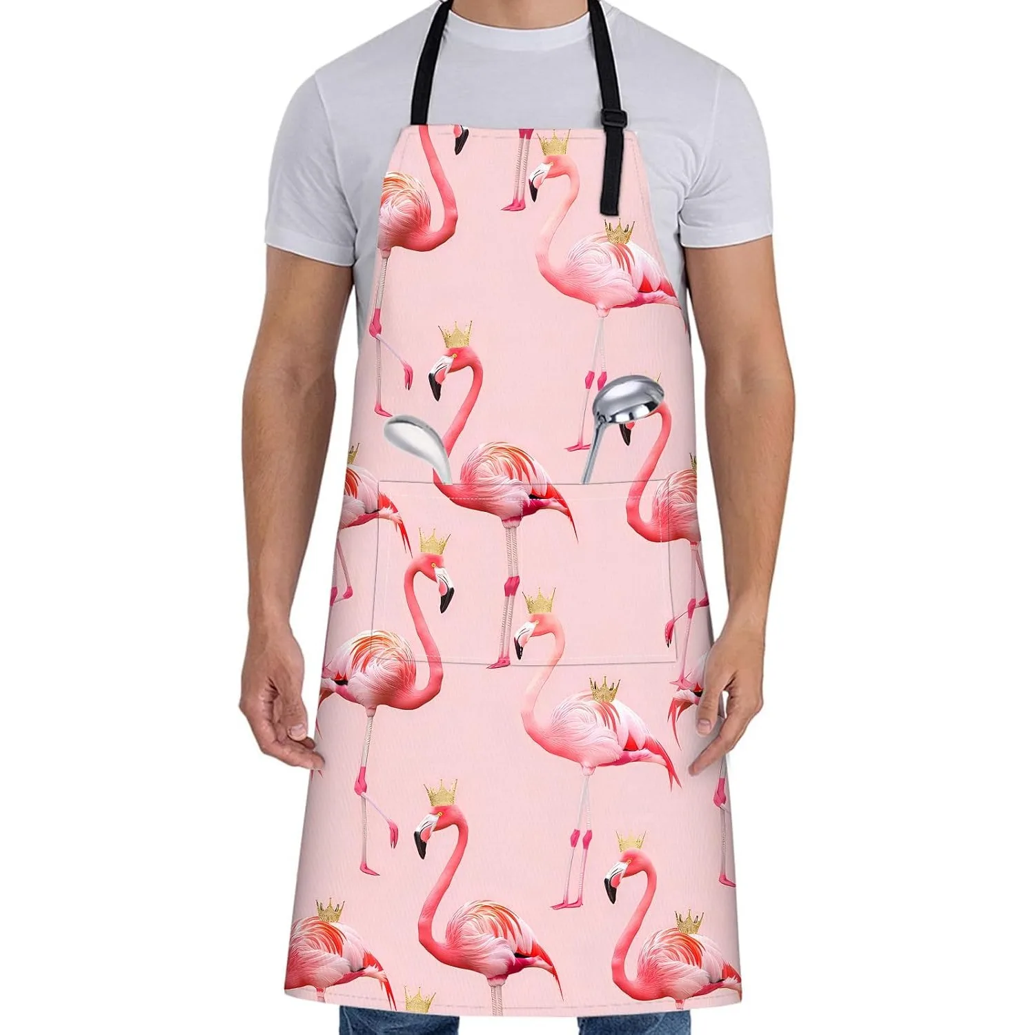 Lindo delantal de corona de flamenco para mujer 28x33 pulgadas delantales de cocina de color rosa con 2 bolsillos delantal ajustable juguetón para cocinar y hornear