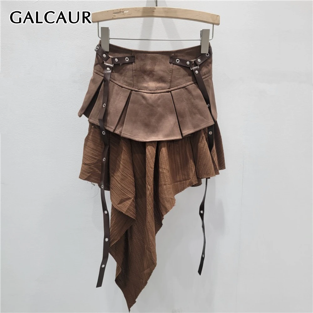 

GALCAUR Solid Spliced Folds Basics Skirt Female High Waist Slimming Hot Girl Irregular Women's Skirts Autumn Fashion New Style