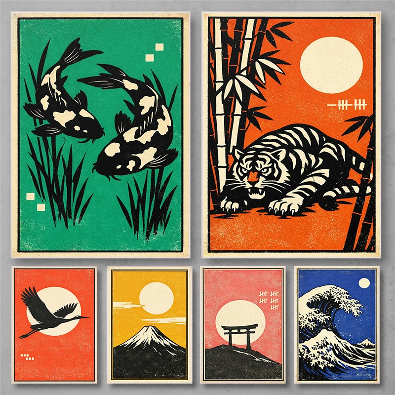Japanese Ukiyoe Woodblock Canvas Print The Great Wave Cranes Mountain Landscape Vintage Wall Art Home Decor Living Room Office