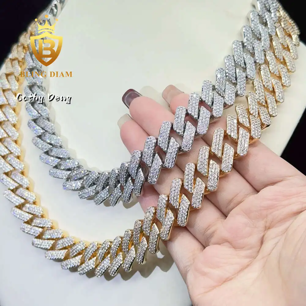 

Factory Price Big 19mm 3 Row Gold Plated Zircon Diamond Cuban Link Chain Brass Shing Hihop Miami Chain for Men