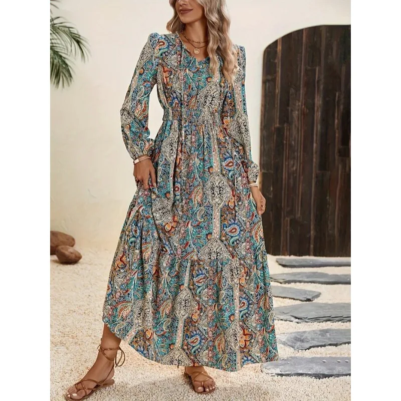 Moda Ruffles Print Maxi Dress Women Autumn Long Sleeve Lace Up Long Dress Boho Elastic Waist A-line Vestidos