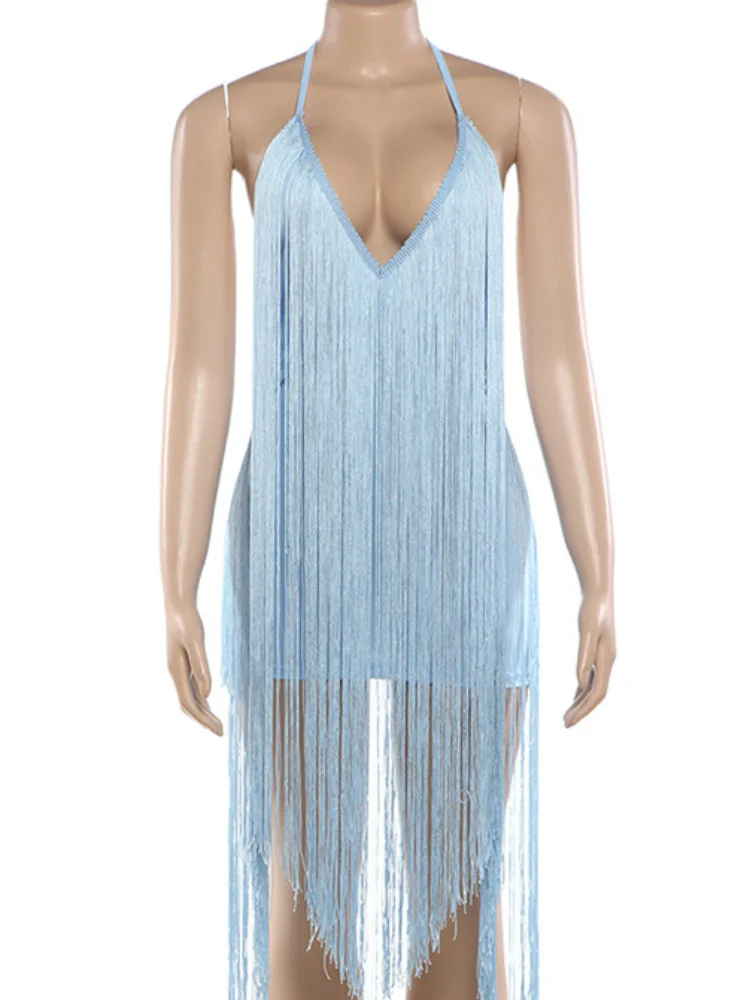 

Женское сексуальное синее мини-платье с бахромой и открытой спиной, шикарное облегающее платье с V-образным вырезом без рукавов и открытыми плечами, модель 2026 года, для отпуска