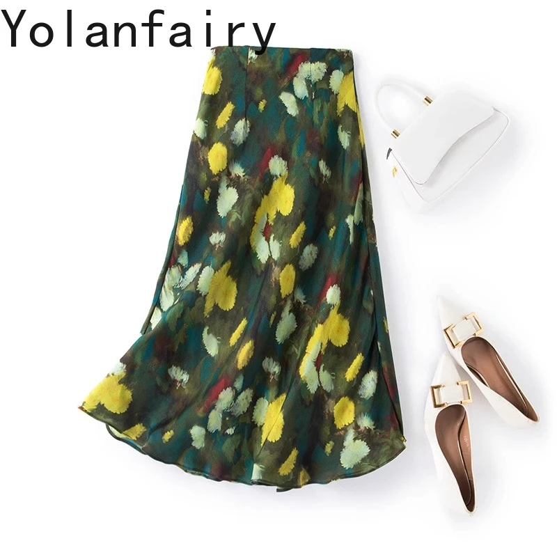 YOLANFAIRY Super Beautiful 100% Mulberry Silk Skirts for Woman Summer Street Wear Fashion Oil Painting Fishtail Skirt Vestidos