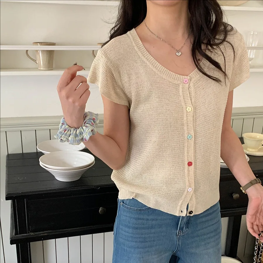 

Summer casual linen short sleeve slim knitted cardigan coat women