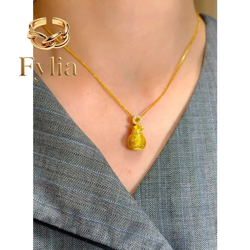 Fylia Jewelry   9999 24K real gold CNC engraved opening and closing diamond copper coin sachet blessing bag pendant light luxury