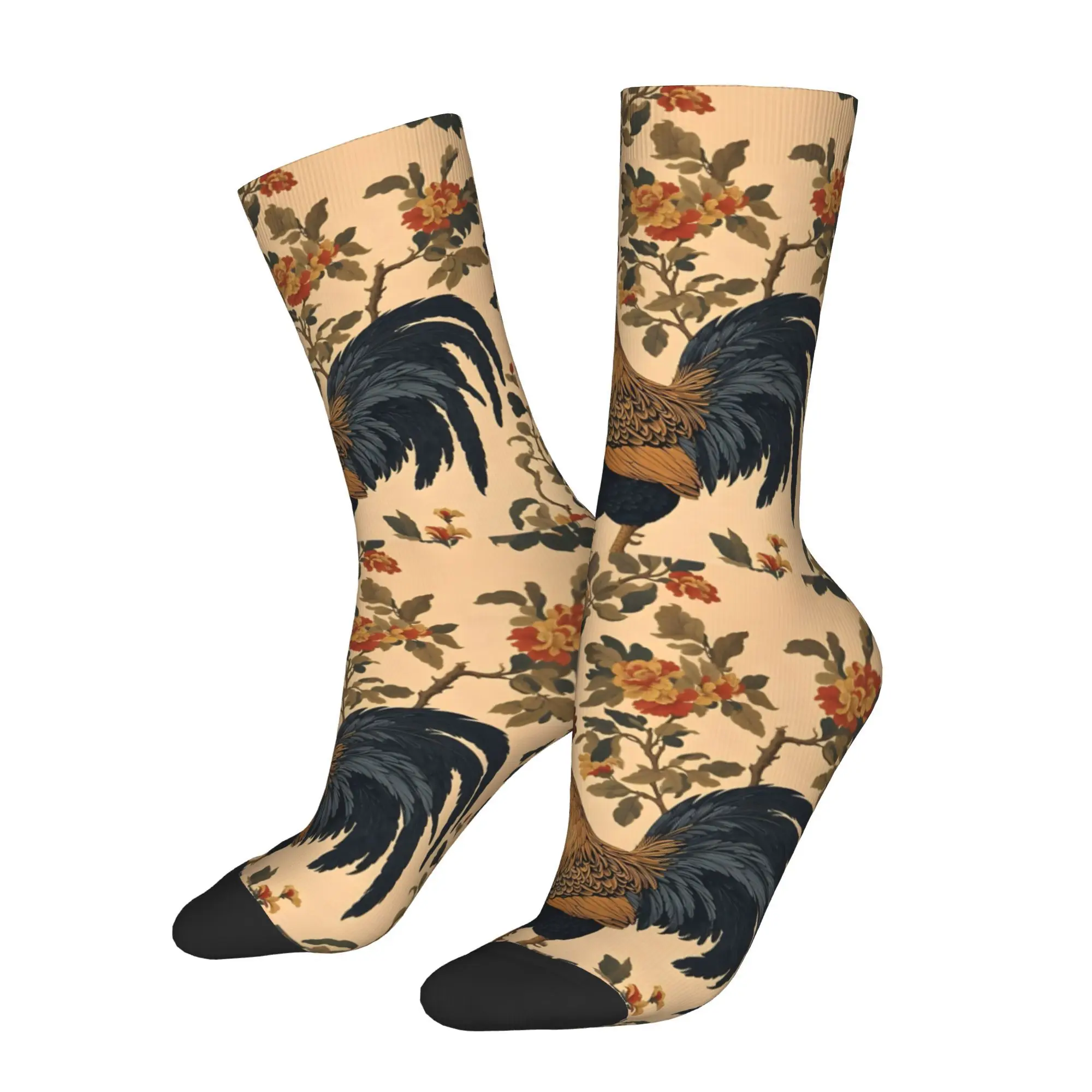 1pc Rooster On Floral Branch Printed Men's Socks  Novelty Hip Hop Harajuku Pattern Crew Sock Casual Gift