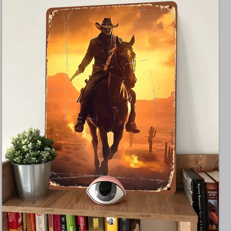 Vintage Western Cowboy Riding Horse Sunset Metal Wall Art Decor for Living Room Bar Home Decoration