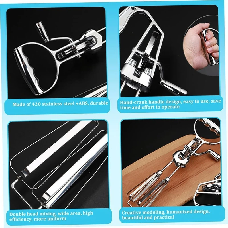 2PCS Egg Beater Hand Crank Stainless Steel Rotary Hand Whip Whiskhand Crank Egg Beater Mixer Manual Hand Mixer