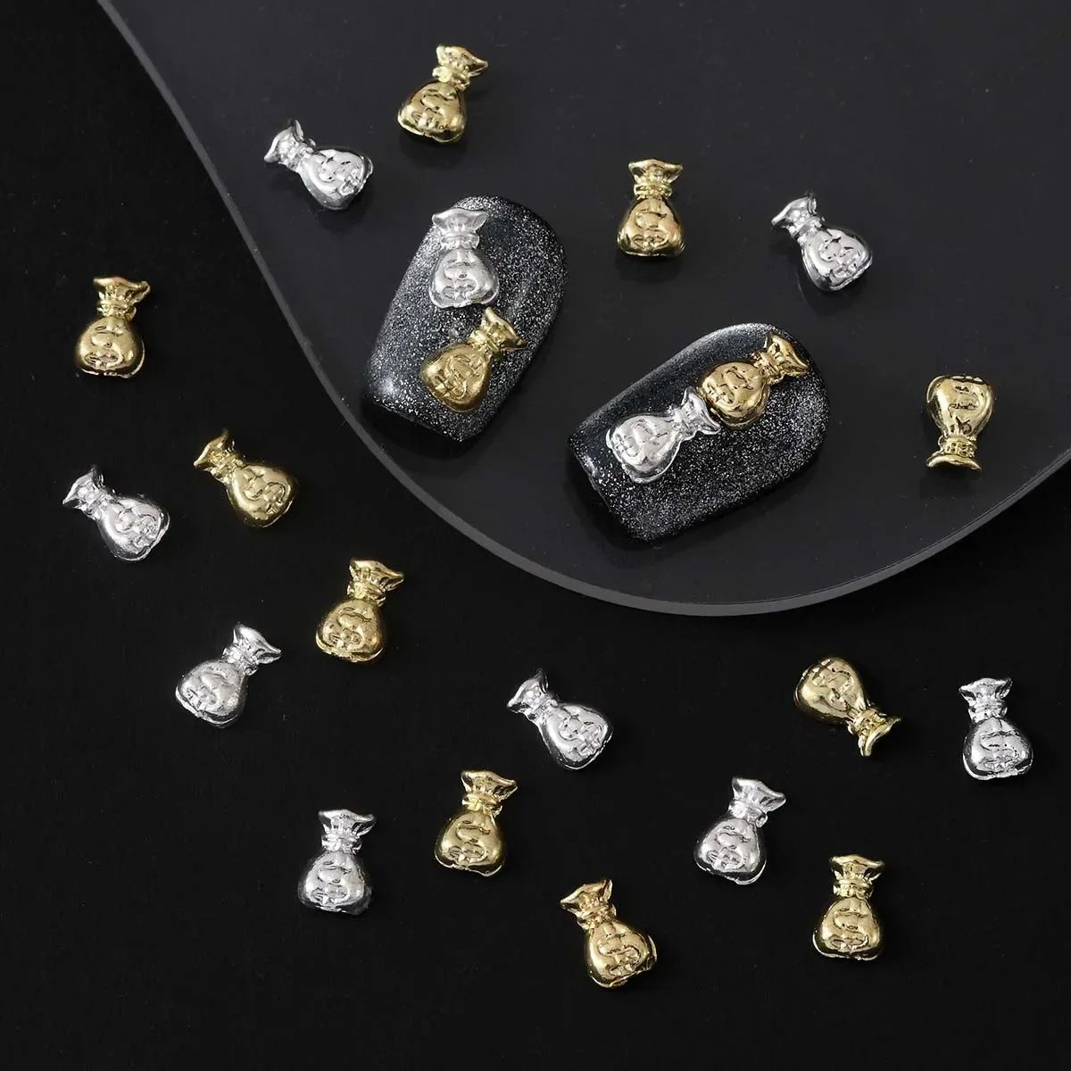 

50Pcs Trendy Alloy Money Bag with Gold and Silver Nail Jewelry Nail Decor Charm Elevate your nail this chic money bag accessory