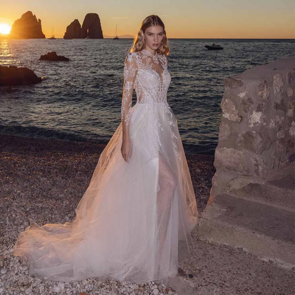 Classy Women's Wedding Dresses Tulle A-line Wedding Party Dress White O-Neck Lace Split Covered Button Modern Wedding Dress Long