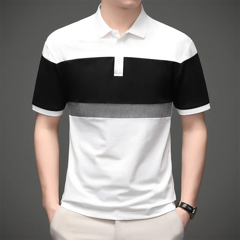 

Smart Casual Simplicity Summer Men's Turn-down Collar Contrast Color Patchwork Button Fashion Loose Short Sleeve Polo Shirts Top