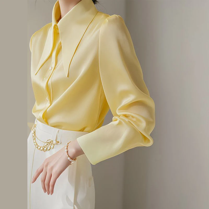French  yellow big pointed collar long sleeved shirt with a female design , unique, high-end,  spring and autumn