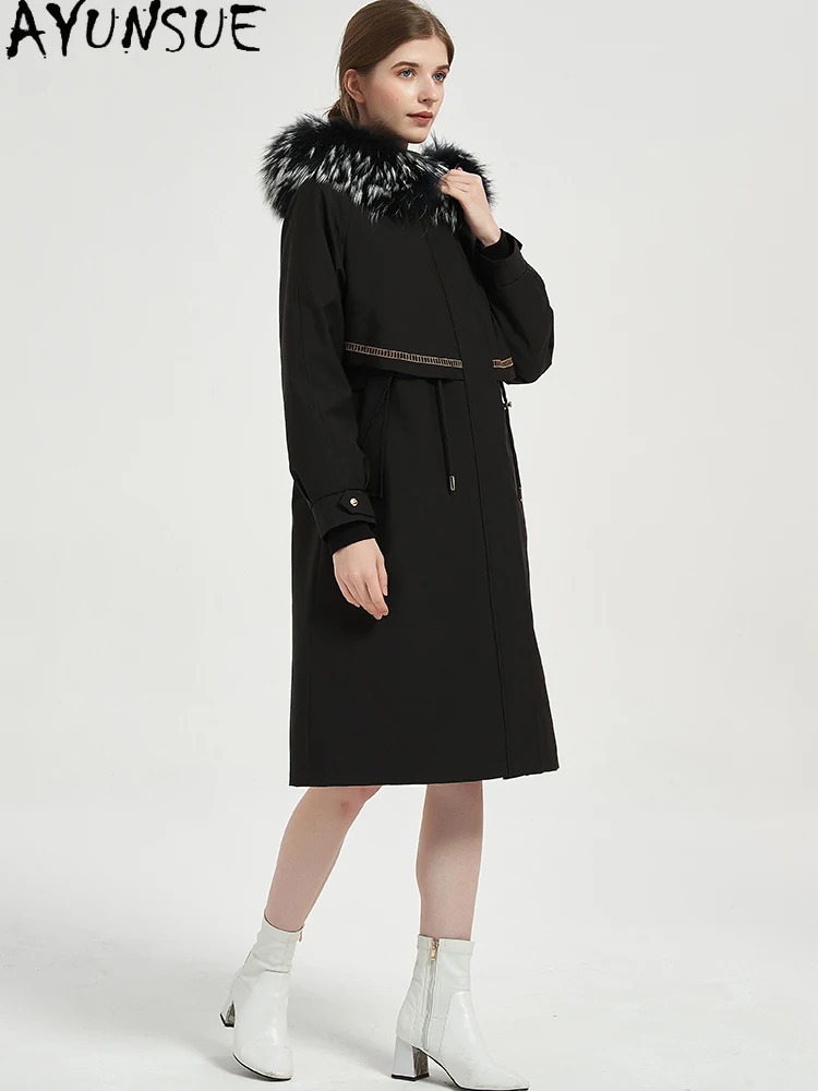 AYUNSUE-abrigo de piel de conejo Rex, Parka de piel auténtica 2025, ropa de invierno para mujer, abrigos cálidos con Cuello de piel de zorro de longitud media para mujer, abrigos femeninos de longitud media