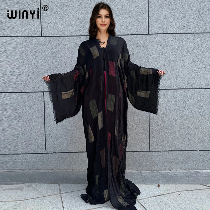 WINYI letnie Retro farbowane kimono okrycie plażowe strój kąpielowy eleganckie afrykańskie kobiety długa seksowna wakacyjna sukienka plażowa Kimono