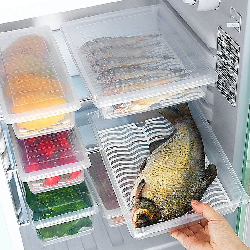 Food Fresh Storage Box Containers Kitchen Fridge Organizer Case Removable Drain Plate Tray For Keep Fruits Vegetables Meat Fish