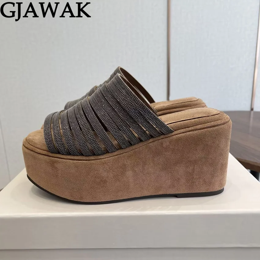 

Summer Wedges Heels Slippers Women String Bead Chain Slides Cow Leather Platform Shoes For Woman High Heels Slippers Woman