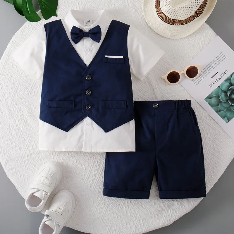 Boys Suit 2026 Spring and Summer New Childrens Clothes Boys Baby British Style Foreign Style Fake Two Sock Shorts Two Sets